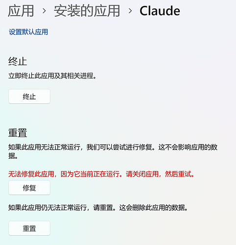 无法修复此应用，因为它当前正在运行